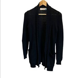 SPARROW Black Merino Wool Cotton Blend Mesh Knit Open Cardigan With Pockets S